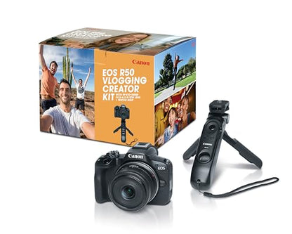 Canon EOS R50 Vlogging Creator Kit, Hybrid Mirrorless Camera with RF-S10-18mm F4.5-6.3 IS STM Lens and Tripod Grip, Wide-angle Lens, 24.2 MP CMOS (APS-C) Sensor, Vlogging Camera, Black | 24.2MP Aps-C, 6K-Oversampled 4k30 Video, Dual Pixel Af Ii, Includes