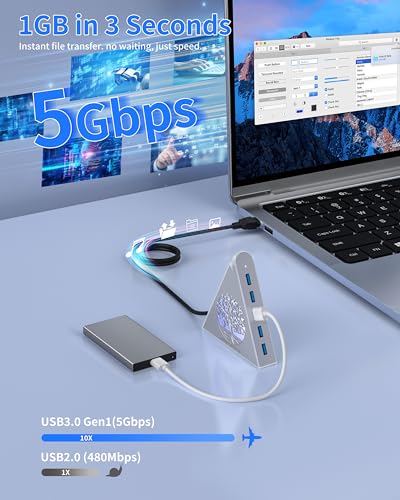 7-Port USB 3.0 Hub, Silver Vertical USB Expander with Tree-Themed RGB Lighting, 5Gbps Transfer Speed, 2FT Extension Cable, for MacBook, Laptop, Desktop, Xbox, Flash Drive, Printer - color: 4-Tree Silver