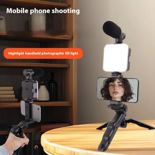 Vlog Set with Tripod Brightness Adjustable Light Microphone and Cellphone Clips for Video Calling Live Streaming Portable Live Streaming Set for Smartphones