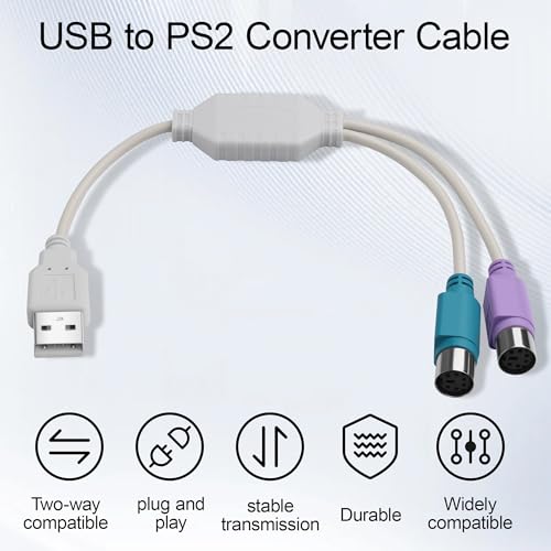USB to PS2 Converter Cable, 2-in-1 USB A to PS/2 Adapter for Keyboard Mouse, Plug and Play Compatible with Industrial PC, Old Motherboard, KVM Switch, No Driver Required