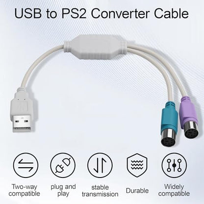 USB to PS2 Converter Cable, 2-in-1 USB A to PS/2 Adapter for Keyboard Mouse, Plug and Play Compatible with Industrial PC, Old Motherboard, KVM Switch, No Driver Required