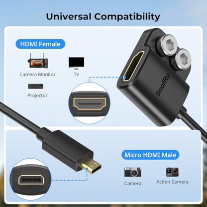 SMALLRIG Data Cable Ultra-Slim 4K 60Hz Micro HDMI to Full-Size HDMI Adapter Cable with Two 1/4"-20 Screws for Camera Cage L-Bracket, for Sony A7R IV A7III for Fujifilm X-T3-6125 - style: D to A（30cm）