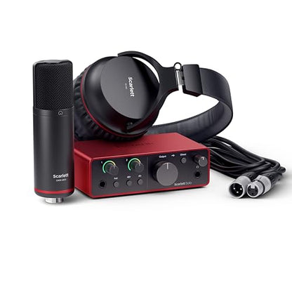 Focusrite Scarlett Solo Studio 4th Gen USB Audio Interface Bundle for the Songwriter, Guitarist or Vocalist with Condenser Microphone and Headphones for Recording, Songwriting, and Podcasting | CM25 Mkiii Condenser Mic, Sh-450 Headphones, USB A-C and 3m X
