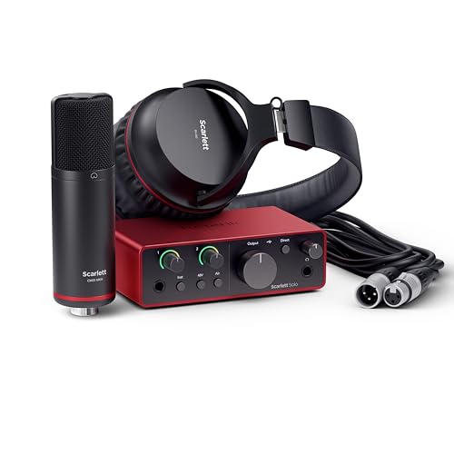 Focusrite Scarlett Solo Studio 4th Gen USB Audio Interface Bundle for the Songwriter, Guitarist or Vocalist with Condenser Microphone and Headphones for Recording, Songwriting, and Podcasting | CM25 Mkiii Condenser Mic, Sh-450 Headphones, USB A-C and 3m X