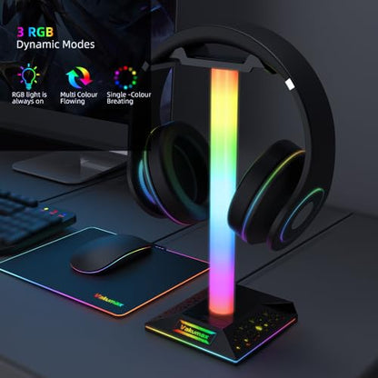 RGB Gaming Headphone Stand with Charging Hub, Headset Holder for Desk with Controller Organizer, 3 Ports USB-A and USB-C, 10 Lighting Modes, Touch Control for PS5 Xbox PC Gaming Setup