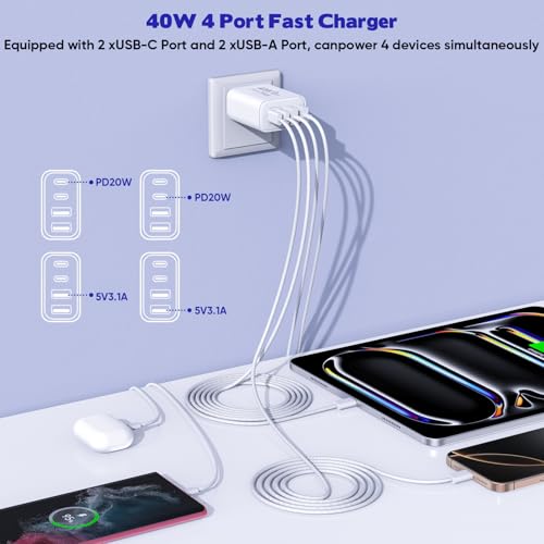 10FT iPhone 17 16 15 Pro Charger,2Pack 10Foot USB C to C Woven Cable Cord 40W USB C Apple Charger 4 Port PD&AC Charge Block Fast Charging for iPhone 17 Air/17 16 15 Pro Max/16e/16 Plus/15/15 Pro/iPad - size: 10FT C-C
