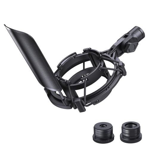Custom AT2020 Microphone Shock Mount with Metal Pop Filter, Anti-Vibration Suspension Shock Mount Mic Holder Clip Compatible with Audio Technica AT2020 AT2035 AT2020USB ATR2050 AT3035 AT3060 Mic