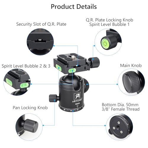 ARTCISE Tripod Ball Head Camera Tripod Ball Head Mount 36mm Diameter Ball ARTCISE All Metal CNC Professional Aluminium 360 Rotating Panoramic Ball Head Max Loading 33lbs