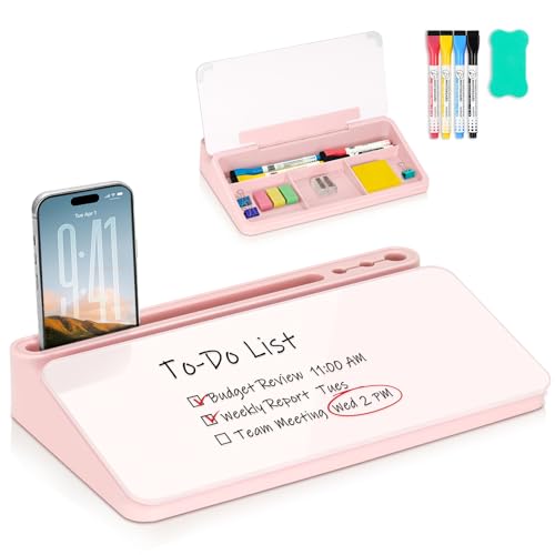 WALGLASS Small Desktop Whiteboard with Storage, Glass Desk Dry Erase White Board Computer Keyboard Stand with Drawer, Desk Organizers with Accessories for Office, Home, School Supplies Pink - color: Pink