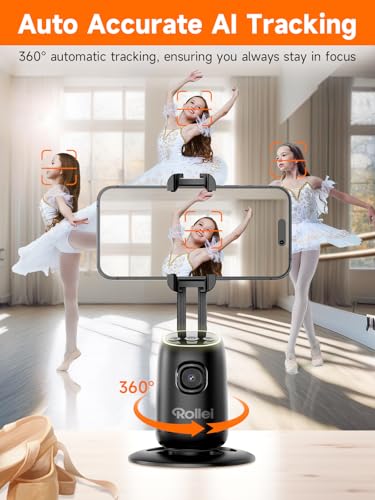 Rollei Auto Face Tracking Tripod, Desktop Smartphone Gimbal Stabilizer Phone Holder with AI Track for iPhone/Android Stand for Filming Streaming Tiktok Video Vlog | Mobile Stand with Motion Sensor for Tiktok Live Streaming Video Vlog Recording, Tripod Pho