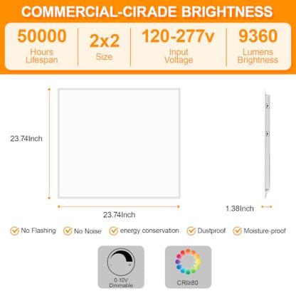 4 Pack 2x2 LED Flat Panel Light Drop Ceiling Office Fixture 5 CCT 3000K-6500K Adjustable & 5 Wattage 15W-20W-30W-40W-50W Selectable, 0-10V Dimmable，led Drop Ceiling Flat Panel troffer Light - size: 2x2 4PACKS