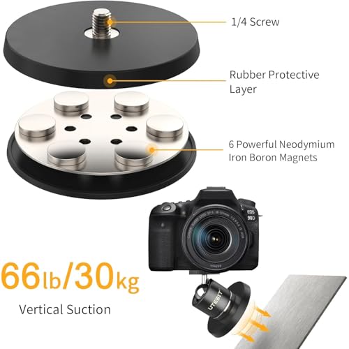 UTEBIT Magnetic Camera Mount for Action Camera, 66lb Strong Magnetic Mount with 360° Rotation Ball Head for Car or Magnetic Surfaces, Compatible with Gopro Hero 13, DJI Osmo Action Osmo Nano, Insta360 - size: 88MM