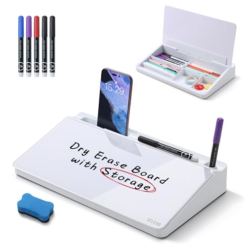 SELEAD Desktop Glass Whiteboard with Storage, Small Dry Erase White Board Computer Pad Keyboard Stand for Home, School, Office Desk Accessories - White - color: White