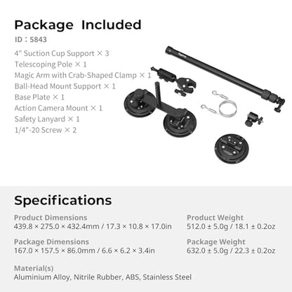 SMALLRIG Car Mount for Insta360 X5/X4/X3, for DJI OSMO 360 Camera, for GoPro, Triple Suction Cup Mount Kit with 120cm/47.2" Invisible Telescopic Selfie Stick, Ball Head, Magic Arm Clamp, Adapter -5843