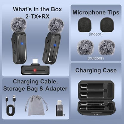 2-Pack Wireless Mini Lavalier Lapel Microphone for iPhone,Android Phone w/ Charging Case - 65ft Cordless Clip on Dual Mics with Noise Reduction 6H Working Time for Video Recording Vlogging,YouTube