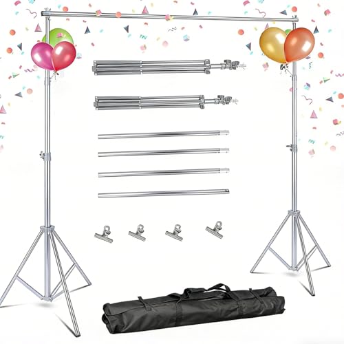 6.5 x 10ft Adjustable Backdrop Stand Kit,Heavy-Duty Photography Background Support System with Clamps & Carry Bag,Photo Video Studio Backdrop Stand for Parties,Weddings,Green Screen & Banner Display - color: Silver