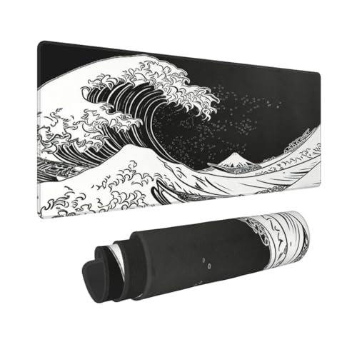 Japanese Sea Wave Large Gaming Mouse Pad, Long Extended Full Mouse Mat Desk Pad for Top Keyboard Table, Aesthetic Stitched XL Mousepad Gifts for Women Office Decor, 31.5 * 11.8 in - color: Japanese Sea Wave