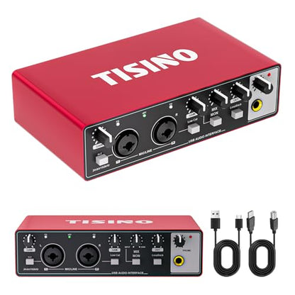 TISINO Audio Interface 24Bit/192kHz, USB Audio Interface for Recording, Songwriting, Streaming and Podcasting, Plug & Play Studio Interface with 48V Phantom Power, PC/Mac/iOS Compatible,RED