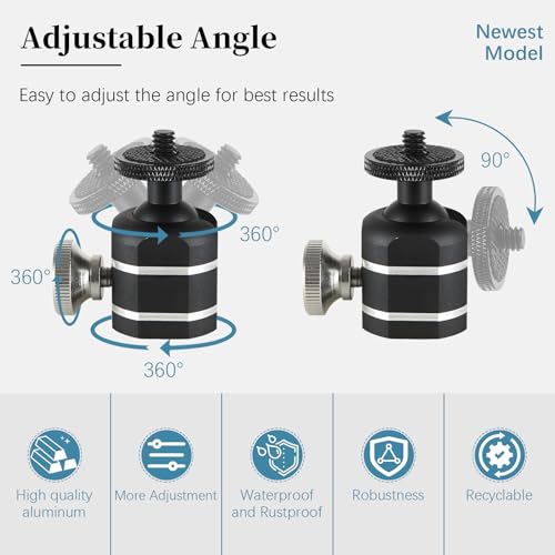 Universal Mini Ball Head Tripod Camera Screw Mount, Connect Holders and Devices, 1/4"-20 Thread, 360 Rotatable, 90 Tiltable, Loads to 10lbs, Silver, 1pcs