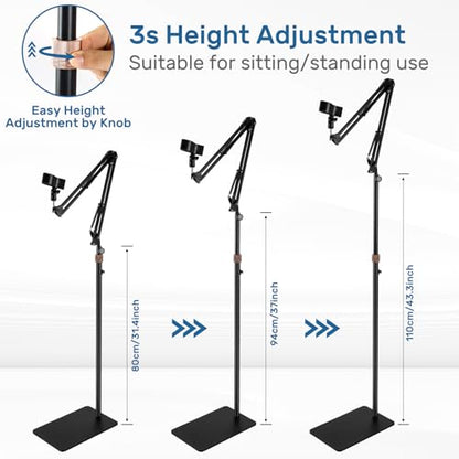 BILIONE Microphone Stand Floor with Tray & Boom Arm, 5.5lbs Weighted Base, Height Adjustable Studio/Podcast Mic Stand w/ 3/8'' to 5/8'' Adapter & 2 Mic Clips Compatible with Blue Yeti QuadCast AT2020