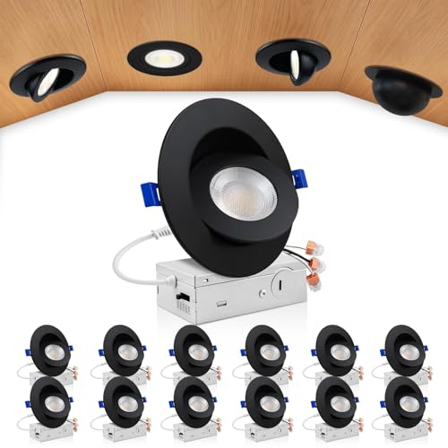 zouzai 4 Inch Gimbal LED Recessed Lights, Black, 12 Pack, with Junction Box, 360°+ 90° Adjustable, 5CCT 2700K-5000K, Dimmable, Canless Eyeball Downlight, CRI90+, 980LM 10W 120V, ETL - color: Black-4 inch, size: 12 Pack