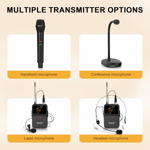 MELONARE 4-Channel Wireless Microphone System,UHF Compact Cordless Mic Set w/ 4x10 Frequencies, 200ft Range, 4 Bodypacks & Headset/Lapel Microphones for Singing, Church, Conference (MWM-41-4B) - size: 4 Bodypack Mics