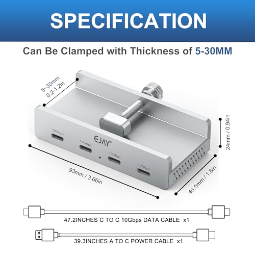 EJAY 10Gbps USB C Hub 4Ports Aluminum USB 3.2 Docking Hub Clamp Design for Desk/Computor with Extra Power Supply Port and 47inches Long Data Cable&39inches Power Cable (Silver) - size: with 4 USB C