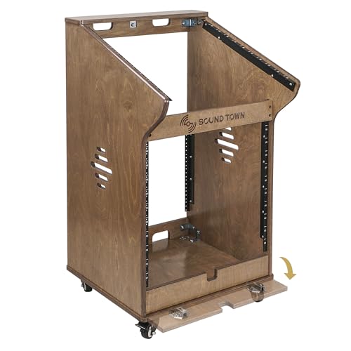 Sound Town DIY Studio Rack with 11U Slant Mixer Top, 10U Front Rack, 2U Bottom Storage, Casters, Rubber Feet, Baltic Plywood, Weathered Brown (SDRK-M11X12B) - size: 12U,Weathered Brown