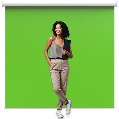 【Wider Style】 KHOMO Gear Green Screen 84 x 84 inch - Extra Large Pull Down Projector Green Screen Backdrop - Portable Collapsible Roll Down Projector Screen - color: Green - White Metal Frame