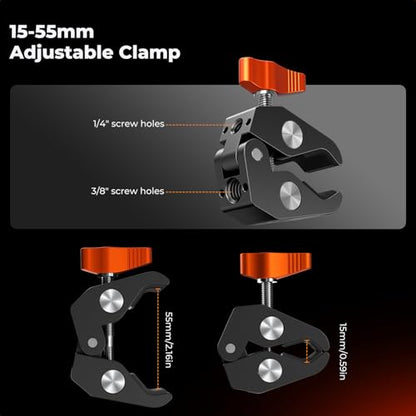 K&F CONCEPT 9.8" Magic Arm Clamp with Phone Holder, 360° Ball Heads Camera Arm Mount for Phone/LED Lights/Monitor/Flash/Microphone/DSLR Camera - style: 9.8" with phone holder
