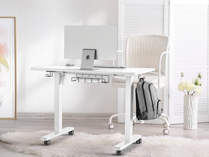 SHW 40-Inch Mobile Electric Height Adjustable Sit to Stand Desk with Drawer, Hanging Hooks and Cable Management, White - color: White