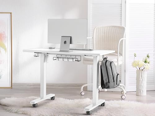 SHW 40-Inch Mobile Electric Height Adjustable Sit to Stand Desk with Drawer, Hanging Hooks and Cable Management, White - color: White