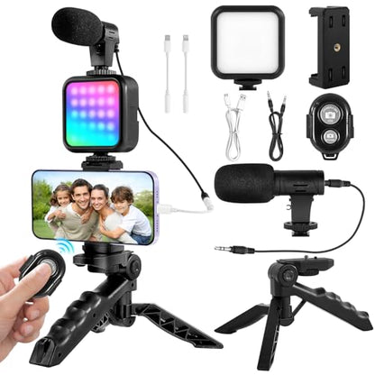 RGB Vlogging Phone Tripod with Mini RGB LED Video Light, Cardioid Microphone, Phone Holder, Compatible with iPhone & Android, for YouTube, TikTok, Instagram & Live Streaming