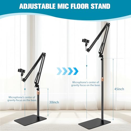 BILIONE Microphone Stand with Weighted Base, Mic Floor Stand Boom Arm with Mic Accessory Tray, Microphone Clip Holder, 3/8" to 5/8" Screw Adapter, Cable Ties
