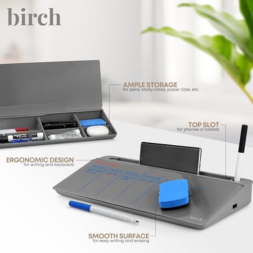 Birch Small Desktop Whiteboard – Glass Dry Erase Board Desk Pad Keyboard Stand with Storage Compartment, Adjustable Dividers, 3 Markers, Eraser & Holder – Perfect for Office, Home, & School (Charcoal) - style: Charcoal