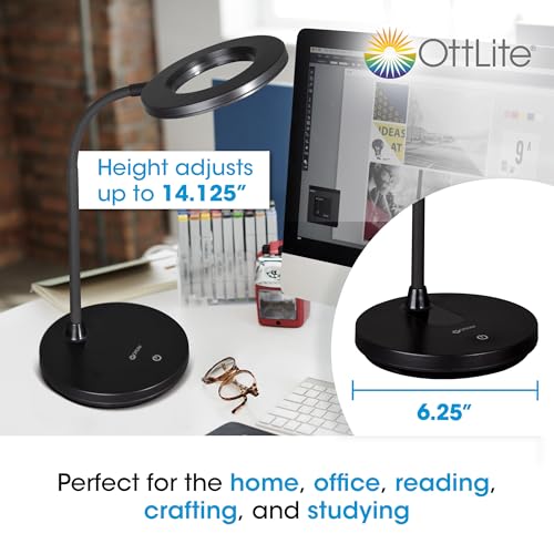OttLite Vibe LED Ring Light, Rechargeable, 3 Color Temperatures, Black | ClearSun LEDs Reduce Eyestrain | 360-Degree Illumination | Flexible Neck | 5.5" Ring Light | USB-Powered or Rechargeable - color: Black Desk Light
