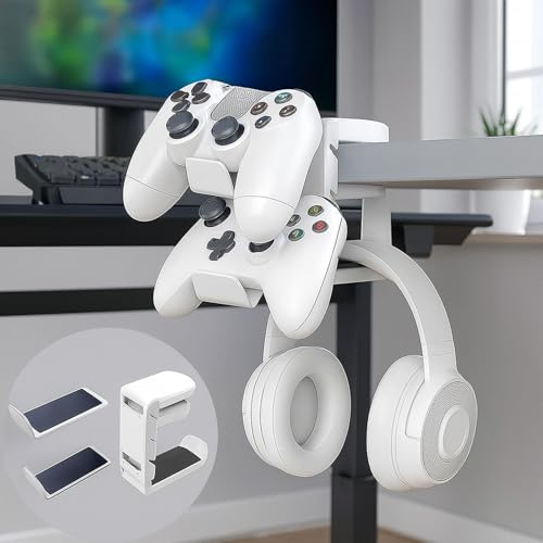 Rotating Headphone Stand with 360° Swivel - Adjustable Clamp-on Under Desk Headset Holder, Universal Gaming & Office Headphone Hanger (White) - color: White