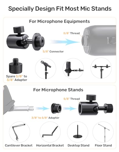 Ball and Socket Head Microphone Adapter with Angle Adjustment [All Metal], Universal Mic Stand Adapter for Audio Studio & Live Performance Mic Setups with 5/8" & 3/8'' Adapters