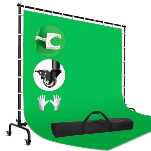7x10ft Green Screen Backdrop Kit with Stand, 9.5x9.5ft Large Greenscreen Background Movable Backdrop Stand with Wheels for Streaming, Photography, Video Recording