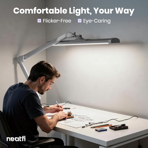 Neatfi 3,500 Lumens LED Desk Lamp – 45W Dimmable Task Light | 3 Light Modes | 540 SMD LEDs | Touch Control | Adjustable Arm | Reading, Craft, Workbench & Office (Silver-3, 26-Inch Wide Shade) - color: Silver-3