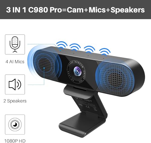 EMEET C980 PRO 3-in-1 1080P Webcam with Microphone and Speaker, 60°-98° Wide Angle Webcam w/ 4 Noise Cancel Mics, 2 Speakers, Auto Low Light Correction W/Cover, USB Camera for Online Conference/Class - style: 1080P with 4Mics 2Speakers