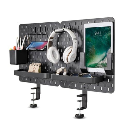 EHO Clamp-On Desk Pegboard, 2Pack (Combined Size 27 x 14 inch) Privacy Divider, Desk Partition Panel, No-Drill Desk Mounted Peg Board Organizer for Office, Gaming, Home, Black