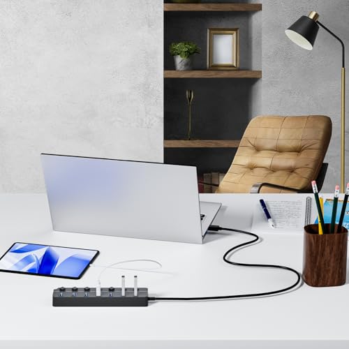 ONFINIO USB Hub 3.0, 7-Port USB Hub Splitter with Individual On/Off Switches and Lights, 3.2ft/1m Long Cable Compatible with MacBook, Laptop, Surface Pro, PS4, PC, Flash Drive, Mobile HDD-Gray - color: Gray