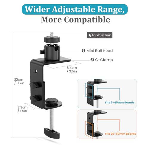 C-Clamp Mount with Mini Ball Head Mount, 1/4 Screw Mount Adapter Camera Clamp Mount for Desk/Deck/Brunch, Compatible with Arlo, Wyze, Ring Stick up Cam and More, Black (60mm) - size: 8.7"
