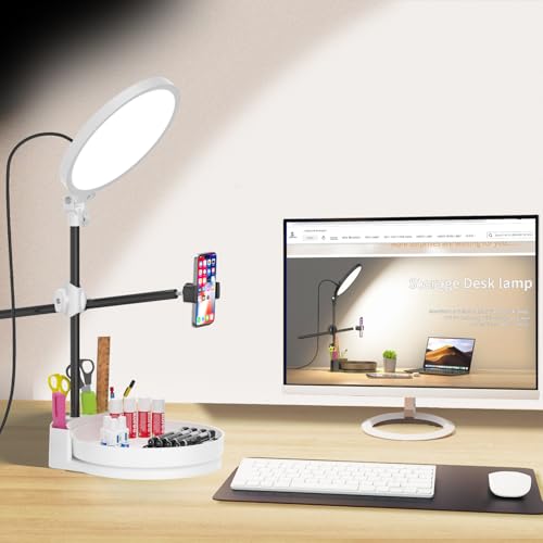 Selfie Light Kit for Desk and Laptop,55W Dimmable Full Screen Ring Light,with Rotating Storage Box,Pen Holder Stand,Phone Holder and Controller (White, 10.5) - color: White