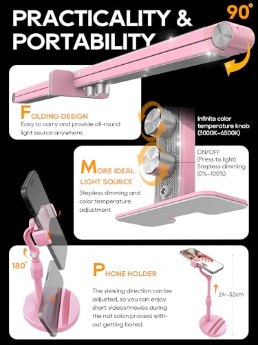 Upgraded Nail Tech Lamp for Desk, 32 in Foldable Large Nail Light with Phone Holder, 3000K-6000K CRI＞95 LED Manicure Lamp, Half Moon Light for Lash Eyelash Extension, Tattoo, Eyebrows-Diamond Pink - color: Diamond Pink
