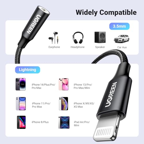 UGREEN Headphone Adapter for iPhone Lightning to 3.5mm Adapter Apple MFi Certified Lightning Aux Audio Jack Dongle Compatible with iPhone 14 Pro Max/14 Plus/13 12 11 Pro Max/SE/XS, Black - color: Black