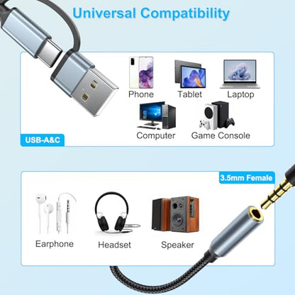 2-in-1 USB-C 3.5mm Audio Adapter with Type-A Converter, HiFi USBC DAC TRRS Headphone Jack & Mic Support, 1/8" AUX Cable Dongle for iPhone 17/16/15,iPad Pro/Air/Mini,Samsung,MacBook,PC,Laptop,Headset