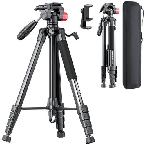 CAMBOFOTO 74"-Camera-Tripod, Porfessional Aluminum Heavy Duty Tripod Stand for Mirrorless Camera/DSLR/Cell Phone/Camcorder, with Holder and Travel Bag - color: Black