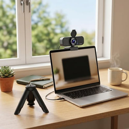 1080P Webcam with Noise-Cancelling Microphone and Tripod - Computer Camera with Privacy Shutter - 110° Wide Angle - USB Plug & Play for PC Laptop - Zoom Teams Streaming